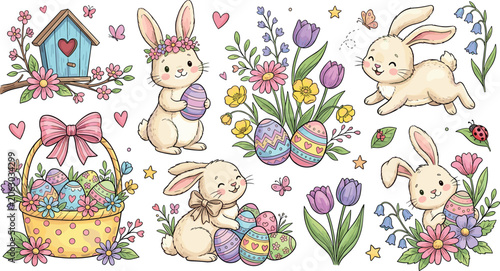 Watercolor Easter Bunny Clipart Set with Painted Eggs Basket Flowers Birdhouse and Butterflies Vector Elements for Spring Holiday Greeting Card Designs