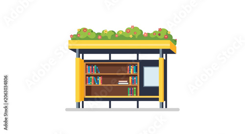 Modern Sustainable Bus Stop with Green Roof and Integrated Community Library Bookshelf Vector Illustration