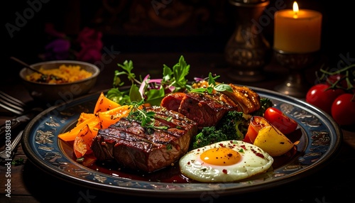 Juicy Grilled Steak Served with Roasted Vegetables and Fried Egg on Candlelit Dinner Table