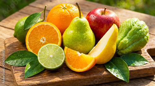 Assorted fresh fruits on a wooden cutting board