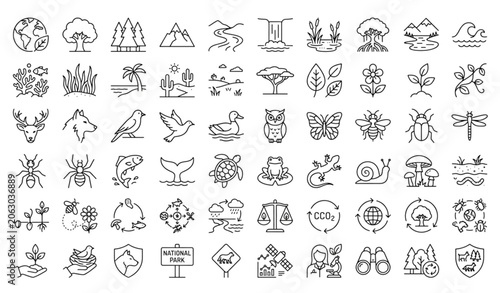 Ecosystem Line Icons Collection with Biodiversity Habitats Ecology and Environmental Conservation Symbols