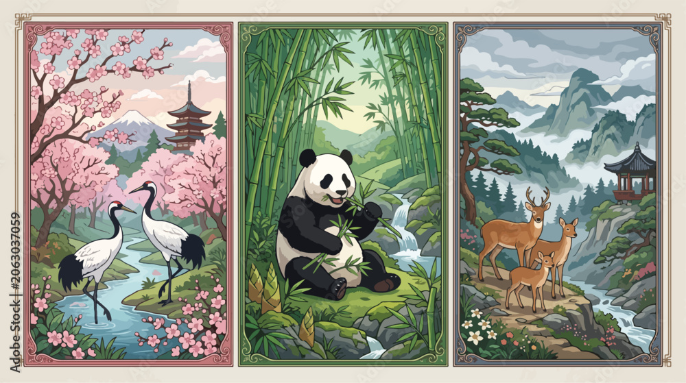 Fototapeta premium Three decorative vertical panels featuring a peaceful panda sitting in bamboo alongside elegant cranes and deer in a serene landscape