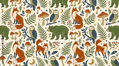 Woodland animals seamless pattern with foxes bears owls and ferns