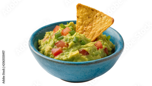 Obraz na plátně Blue bowl of guacamole with tomato and scallion, topped with tortilla chip