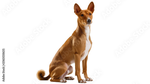 Bild auf Leinwand Basenji dog sitting attentively alert ears, white chest marking
