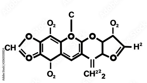 Foto Chemical structure of a complex organic molecule with fused rings and oxygen ato