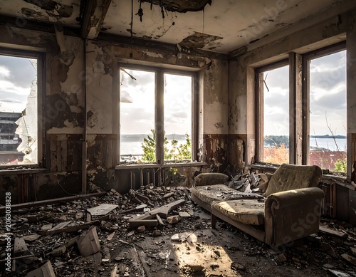 Dilapidated Abandoned Living Room Filled with Debris in Derelict Waterfront House