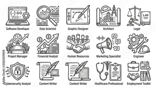 Collection of hand-drawn icons representing various professions and job roles.