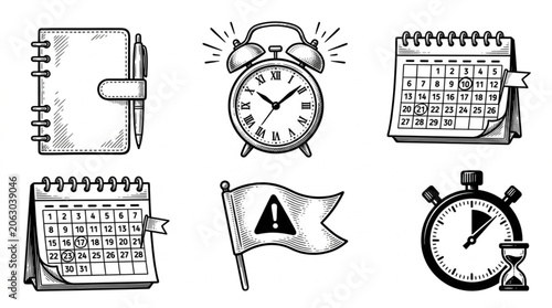 Collection of hand-drawn icons representing time management and planning.