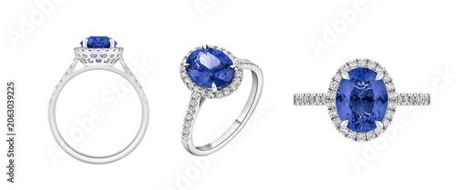 Bild auf Leinwand White gold ring with blue topaz and diamonds isolated PNG on transparent backgro