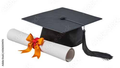 Fotografie Black graduation cap with tassel and diploma scroll tied with orange and red rib