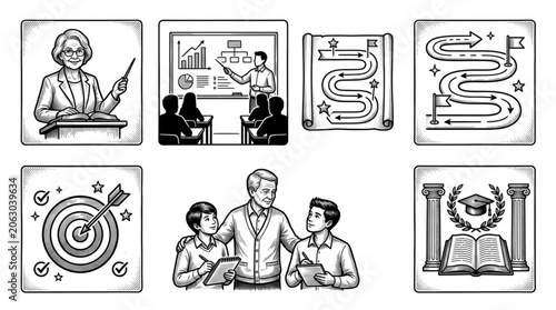 Collection of hand-drawn educational and business concepts.