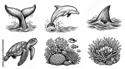 Collection of Marine Life Illustrations in Sketch Style.