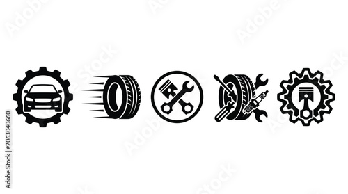 A collection of black vector icons showing automotive repair tools gear parts and car elements