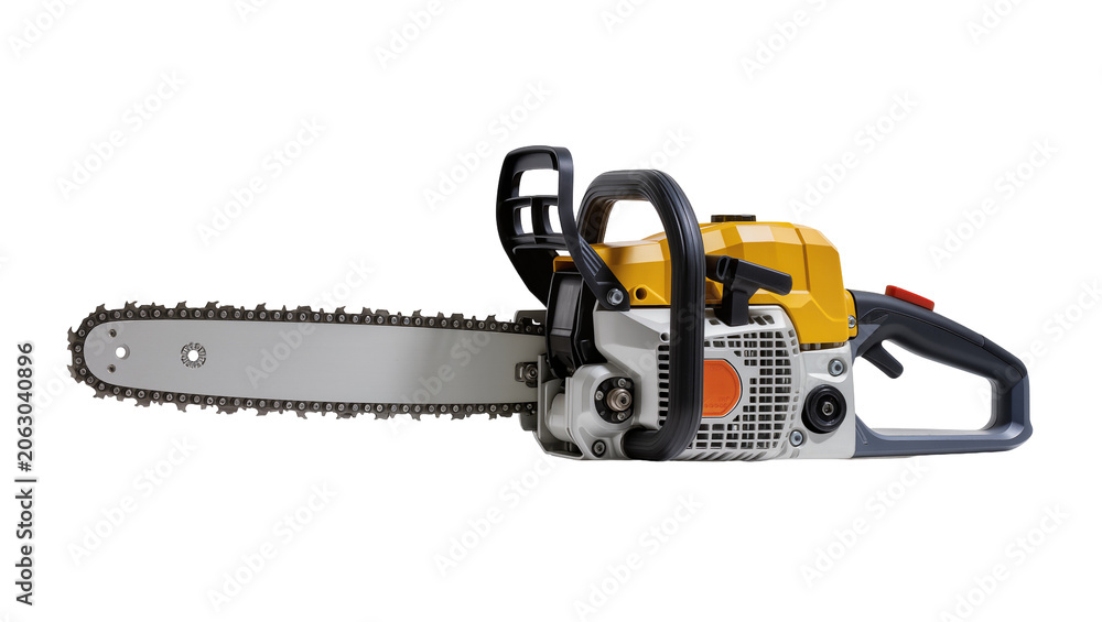 Fototapeta premium Yellow and gray gasoline chainsaw with metal bar and chain