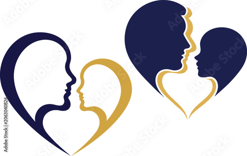 Couple and Child Silhouette Hearts in Blue and Gold illustration vector
