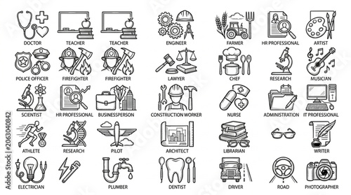 Collection of Industry and Science Icons Representing Various Professions.
