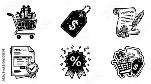 Collection of hand-drawn shopping and finance icons.