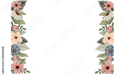 Watercolor floral border with peach and pink flowers