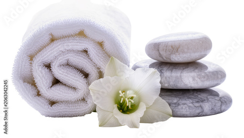 Bild auf Leinwand Rolled white towel with stacked spa stones and white flower