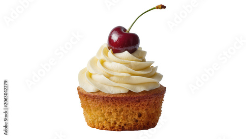 Photos Vanilla cupcake with cream frosting and cherry on top
