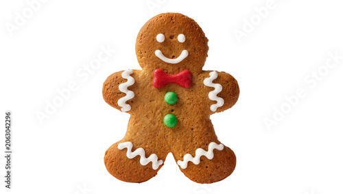 Gingerbread man cookie with white icing red bow tie, and green candy buttons