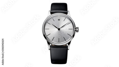 Foto Minimalist silver dial watch with black leather strap
