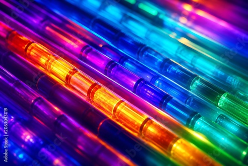 Rainbow colored fiber optic cables, neon lights, colorful tubes, glowing wires