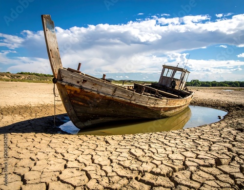 Abandoned Wooden Boat Resting in Cracked Dry Lakebed Under Blue Cloudy Sky