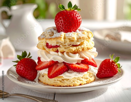 Fresh Strawberry Shortcake Layered with Whipped Cream on White Plate in Bright Kitchen Setting