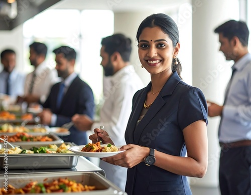 Smiling Young Woman Serving Herself at Office Buffet with Coworkers in Background