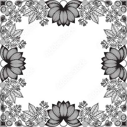 Intricate Lotus Flower Square Border - Decorative Rich Floral Frame Line Art Vector for Adult Coloring Pages and Wedding Cards