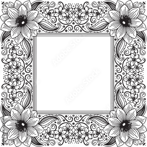 Intricate Floral Square Frame with Big Sunflowers - Decorative Rich Border Line Art Vector for Adult Coloring Pages and Greeting Cards