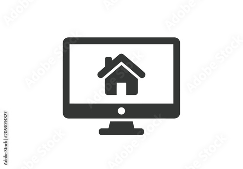 Modern computer screen displaying a simple house icon representing home on a digital platform for online real estate or virtual property services.