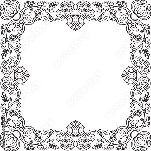 Elegant Indian Paisley Square Border - Decorative Floral Frame Line Art Vector for Coloring Pages and Wedding Invitations