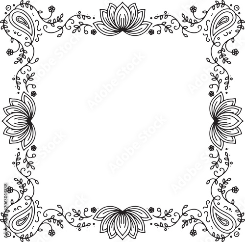 Lotus Flower and Paisley Square Border - Hand Drawn Decorative Floral Frame Line Art Vector for Coloring Page and Invitations