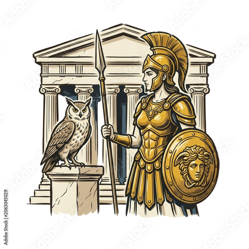 Fotografie Ancient Greek Goddess Athena with Owl and Shield.