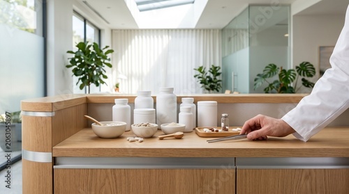 Professional Pharmacist Hand Using Tweezers to Handle Pills and Supplements Near White Bottles in Modern Bright Medical Clinic for Holistic Wellness Concept