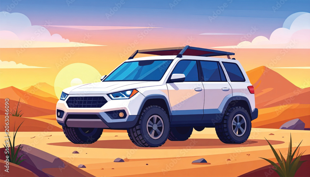 Obraz premium White SUV parked on sandy terrain.
