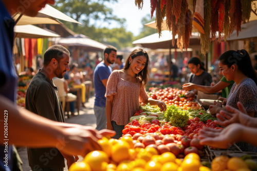 Smiling people shopping for fresh produce at an outdoor market