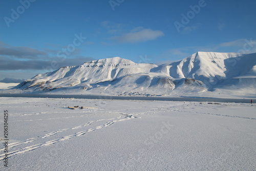 Old coal mining towers in Longyearbyen town, Svalbard, Norway. Historic arctic industrial heritage under winter snow, remote polar settlement landscape with majestic mountains wilderness scenery.