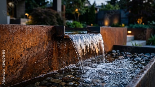 Modern Corten steel water feature with cascading waterfall in a luxurious backyard garden at dusk, elegant landscape design with warm ambient lighting and peaceful atmosphere.