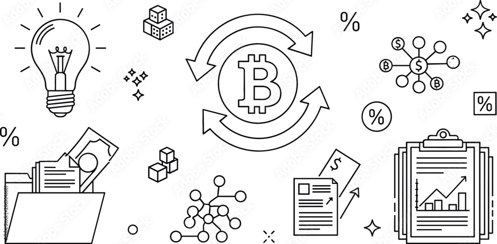 Fototapeta premium Bitcoin and cryptocurrency doodle line icon set featuring blockchain exchange lightbulb financial chart folder network statistics concept