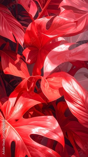 A vibrant close-up of large, glossy red leaves with holes and tears
