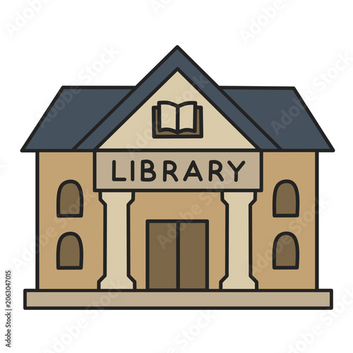 Classical library building with columns and open book sign, flat vector illustration of public library and education