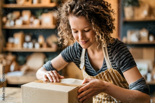Young business owner preparing and packing cardboard boxes for shipping, e-commerce concept
