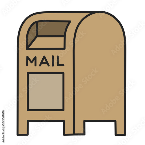 Brown curbside mailbox with mail slot and letter sign, flat vector illustration of postal mail and delivery