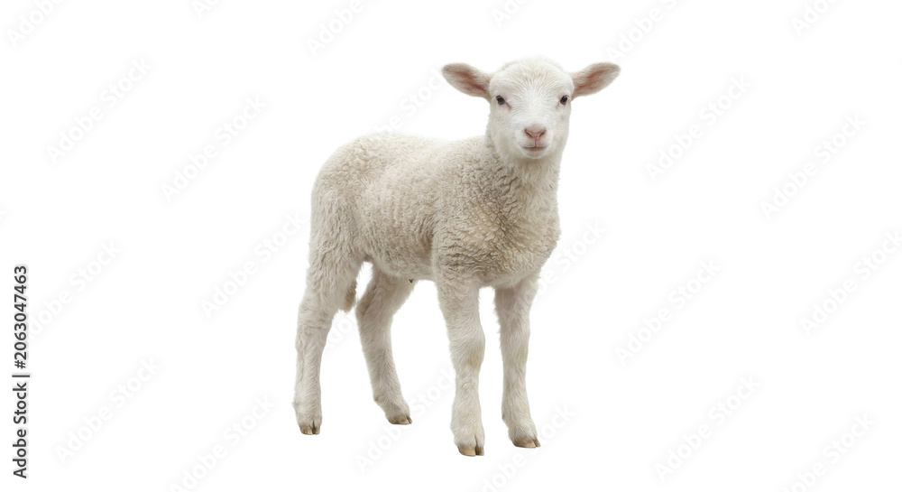 Fototapeta premium Adorable fluffy white lamb stands on a white background, looking at the camera