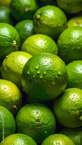 A vibrant close-up of numerous green citrus fruits with water droplets on their surfaces
