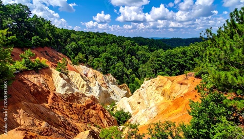 Colorful Eroded Canyon Cliffs Surrounded by Dense Green Forest Under Bright Blue Sky